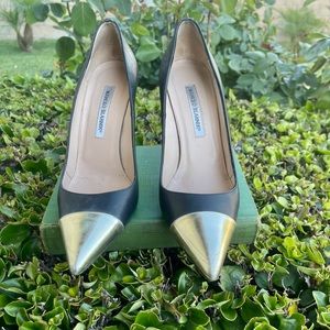 Manolo Blahnik Black Gold Pointy Toe Heel 39.5 9.5
